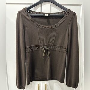 Y2K Ann Taylor Loft Brown Long Sleeve Knit Top with Crochet Trim and Ribbon Tie